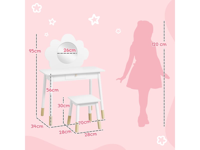  Arkswift, ensemble coiffeuse pour enfant avec tabouret, coiffeuse 2 pièces pour enfants de 3 à 6 ans, miroir forme de nuage, blanc  - Conforama E