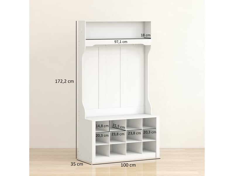  Porte-manteau 4-en-1 avec banc, banc d'entrée avec 12 compartiments à chaussures, blanc, 6 crochets et étagère ouverte  - Conforama C