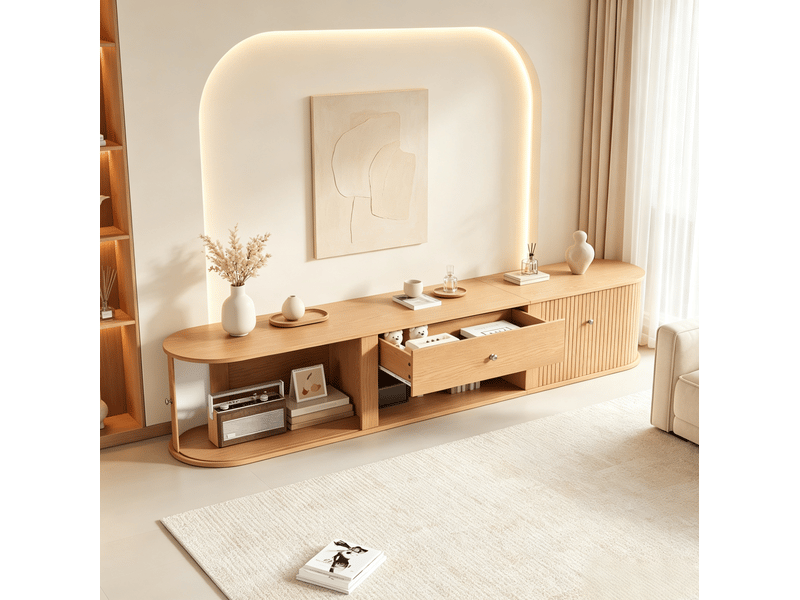  Meuble tv bas 180 x 40 x 40 cm, 2 portes à rideau, tiroir, coloris bois  - Conforama D