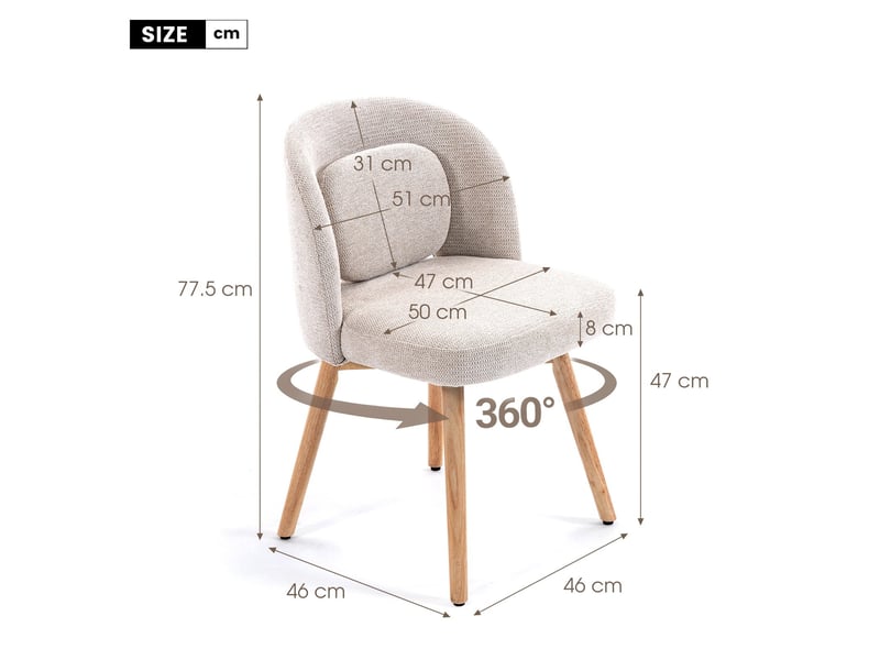  Ensemble table extensible 160200 x 90 cm et 6 chaises de salle à manger, plateau épais, coins arrondis, chaises en bois rembourrées, pivotantes à 360°, style épuré  - Conforama W