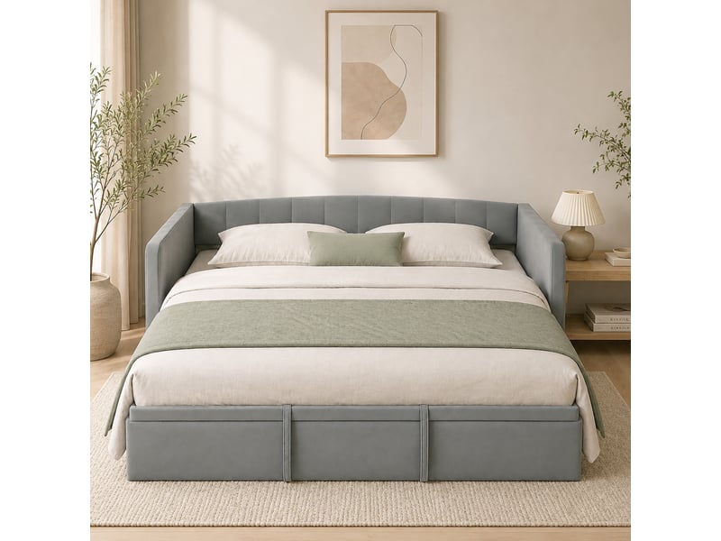  Lit gigogne 90180x190 cm, canapé lit convertible 3 places, sommier à lattes en bois, tête rembourrée en velours, gris  - Conforama A