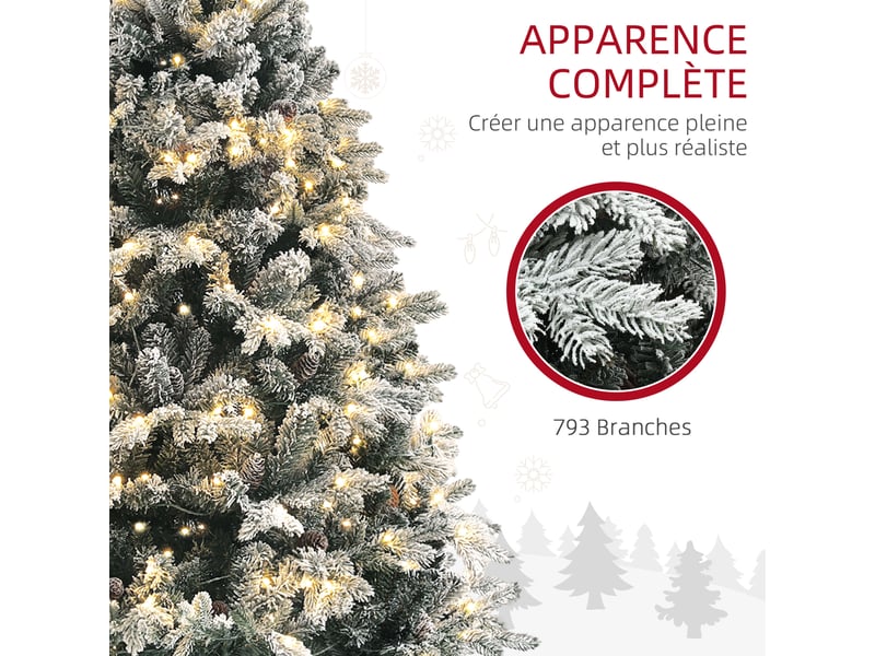  Sapin de noël artificiel 180 cm lumineux led 793 branches enneigées grand réalisme support en acier vert pliable  - Conforama E