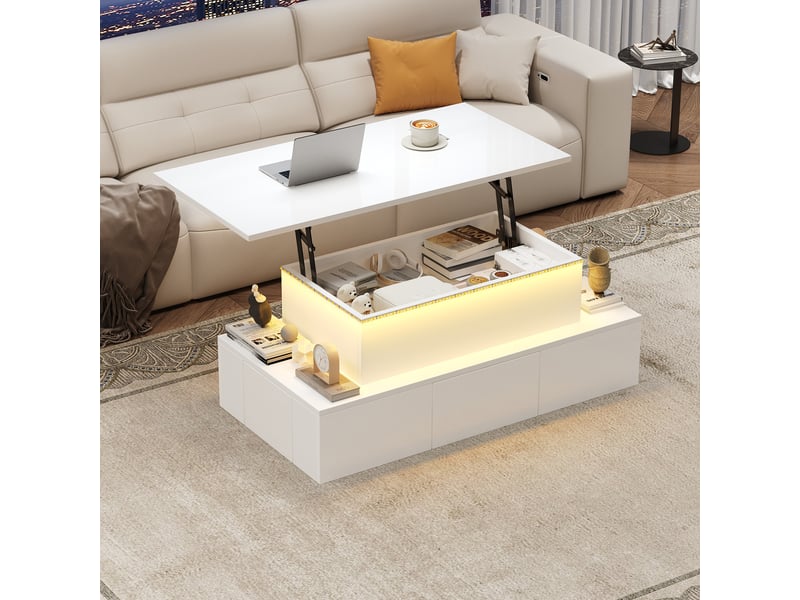  Table basse relevable 100x50x40 cm, table de salon blanche avec éclairage led, 4 tiroirs et espace caché  - Conforama W