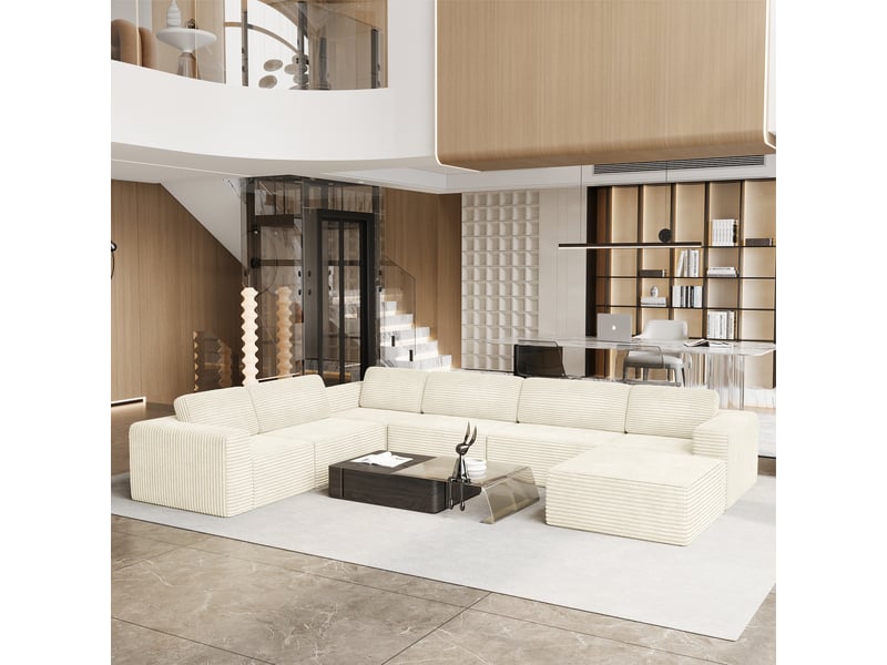  Canapé modulaire panoramique 7 places ouvert à droite,velours côtelé,1 pouf,canapé compressé pour grand salon,404x303x82cm,beige 404x303x82CM - Conforama W