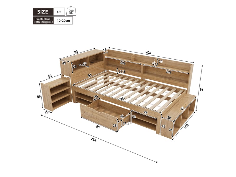  Lit enfant avec rangements 90x200 cm, tiroirs, étagères et sommier, naturel  - Conforama C