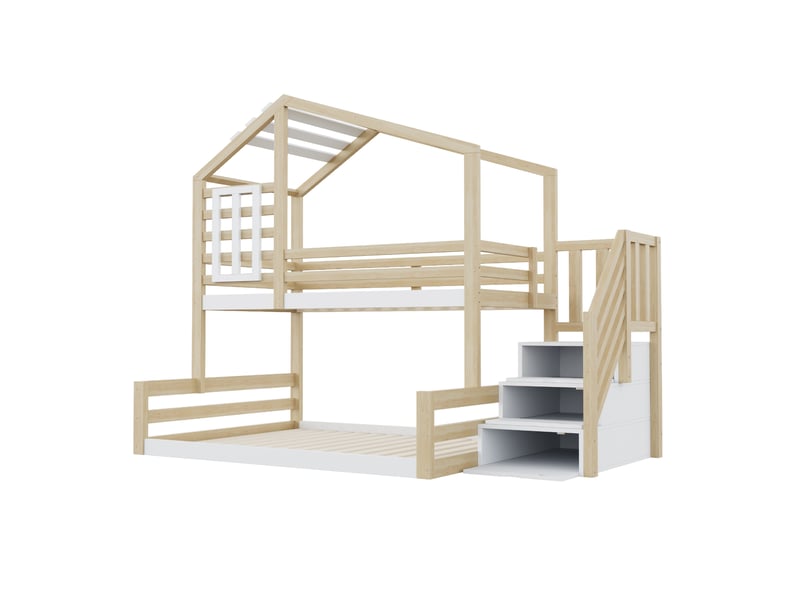 Lit superposé enfant 90 x 200 cm naturel en bois et mdf, escalier avec rangements, structure maison  - Conforama E