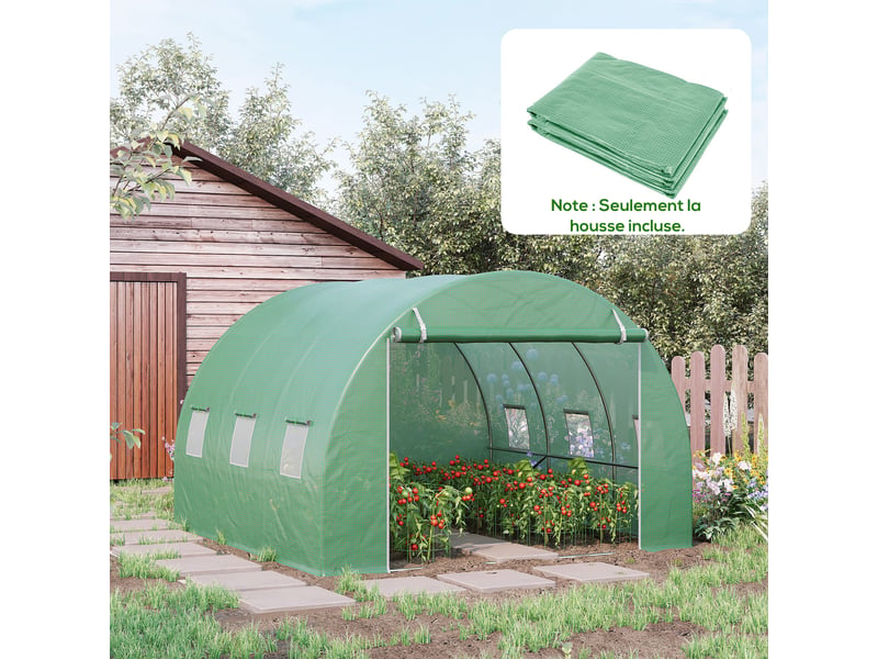  Bâche de rechange serre tunnel 9 m², bâche 3 x 3 x 2 m pe anti-uv imperméable 6 fenêtres + porte enroulable zippée vert foncé  - Conforama C