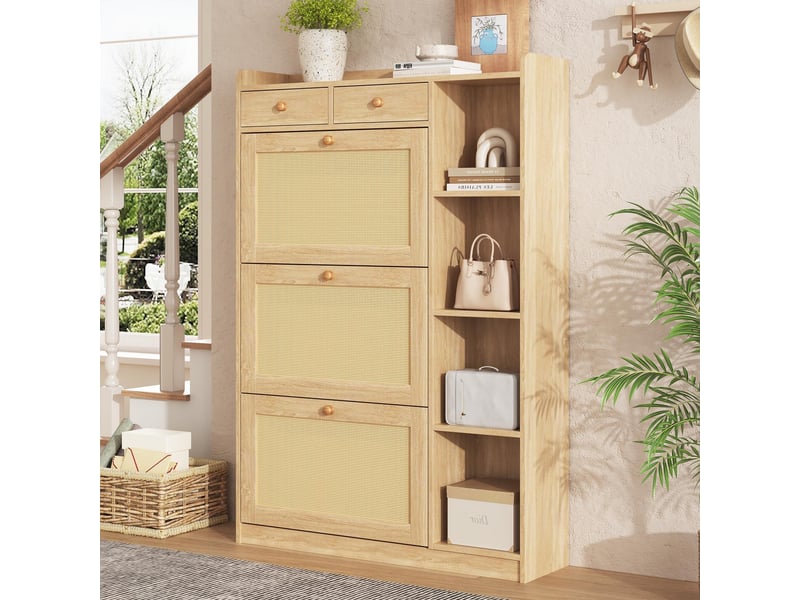  Meuble à chaussures - 90x24x130cm - meuble d'entrée 3 portes abattantes, 2 tiroirs, cannage rotin - bois  - Conforama C