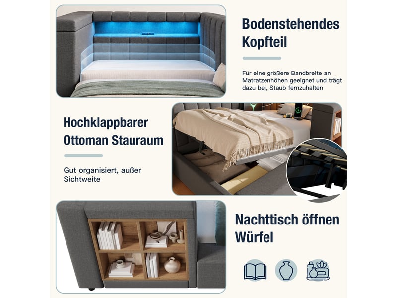  Lit coffre 140x200 cm avec tête de lit réversible, lit gigogne avec 4 niches de rangement, led par appli, usb et type-c, lin, gris Morn Vibe - Conforama E