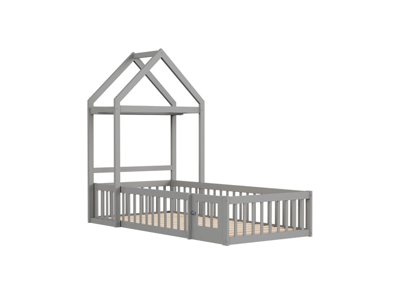  Lit enfant 90x200 cm avec étagère et penderie ouverte, barrière de sécurité, sommier à lattes, gris, sans matelas  - Conforama D