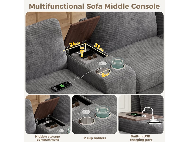 Canapé d'angle modulable 6 places 311x139x85cm, pouf coffre, console amovible, 2 porte-gobelets, usb et usb-c, velours côtelé - gris - Conforama D