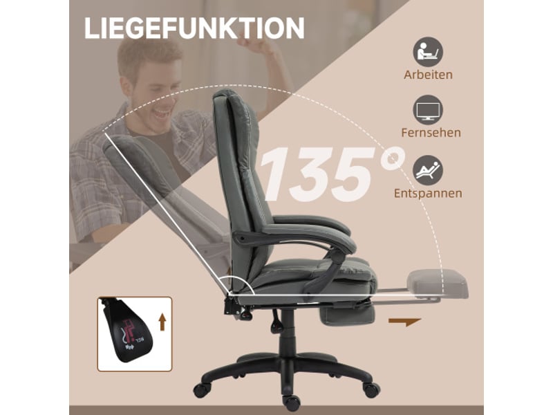 Chaise de bureau massante inclinable, appui-tête, repose-pieds, similicuir gris foncé, 68,5x68,5x113-121 cm  - Conforama D