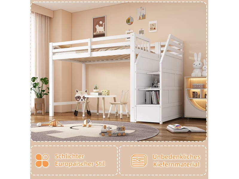  Lit mezzanine 90x200 cm avec garde-corps, escalier de rangement, bois, blanc sans matelas  - Conforama C