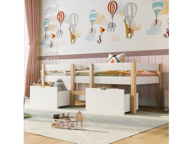  Lit enfant mi-hauteur avec tiroirs et protection anti-chute 90 x 200 cm blanc et chêne  - Conforama B