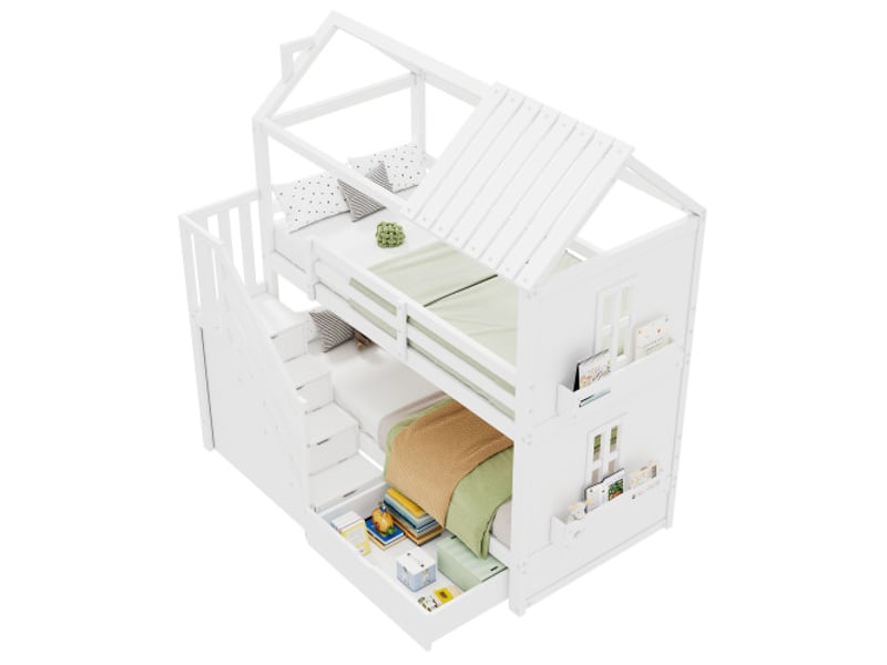  Lit enfant 90x200cm,lit superposé,lit cabane en bois massif avec escalier avec rangement,tiroirs,étagères et garde-corps,blanc lit enfant blanc - Conforama A