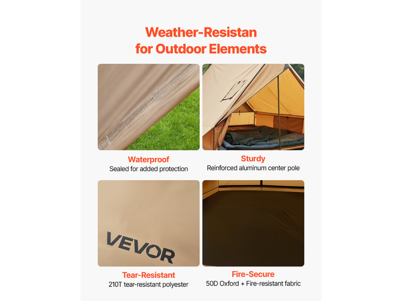  Vevor tente chaude pour 2 personnes, tente dehiver portable avec trou de poele, poteaux, sac de transport, abri leger a 4 saisons, tissu impermeable pu2500 mm, pour camping, randonnee, peche, chasse  - Conforama E