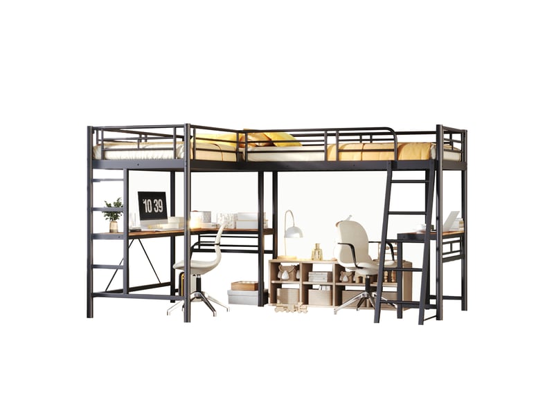  Lit mezzanine 2 places 90x200 cm en métal et mdf noir, avec bureau, double échelle et garde-corps haut, sans matelas  - Conforama A
