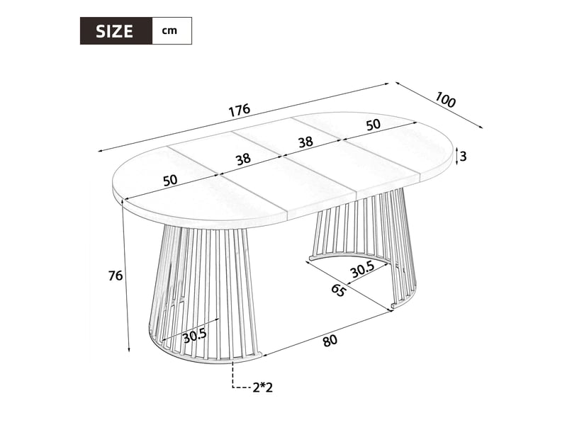  Table à manger ronde extensible 100138176x100 cm, 4-8 personnes, plateau 3 cm, pieds en métal, style minimaliste - cachemire  - Conforama E