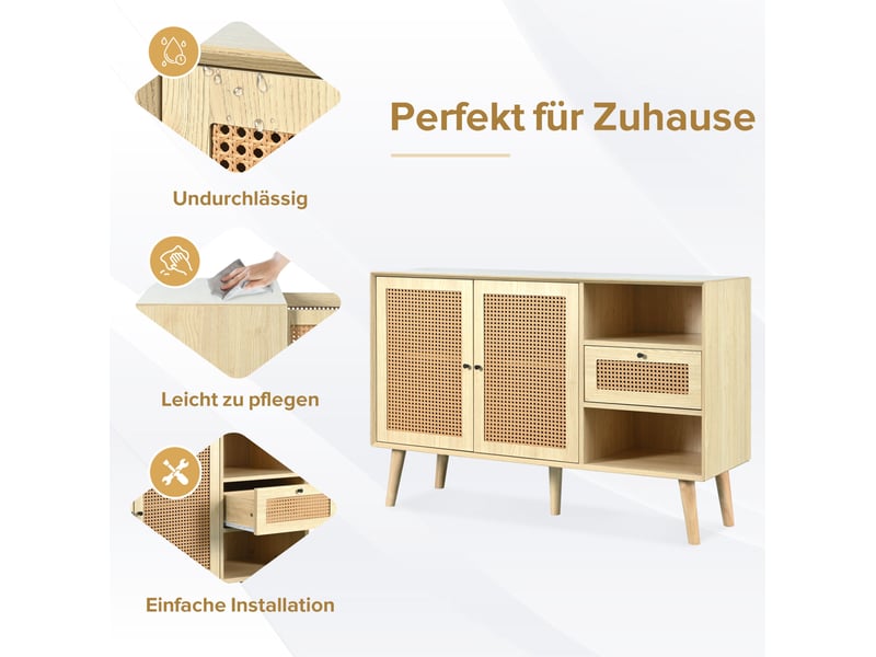  Buffet bas en mdf effet chêne – 2 portes magnétiques, 1 tiroir et cannage – 120 x 40 x 80 cm  - Conforama D