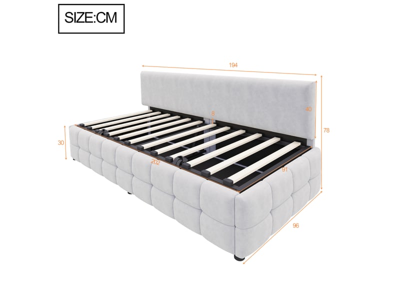  Lit enfant 90 x 200 cm rangement style moderne sans accoudoirs carreaux sommier lattes velours gris clair sans matelas  - Conforama C