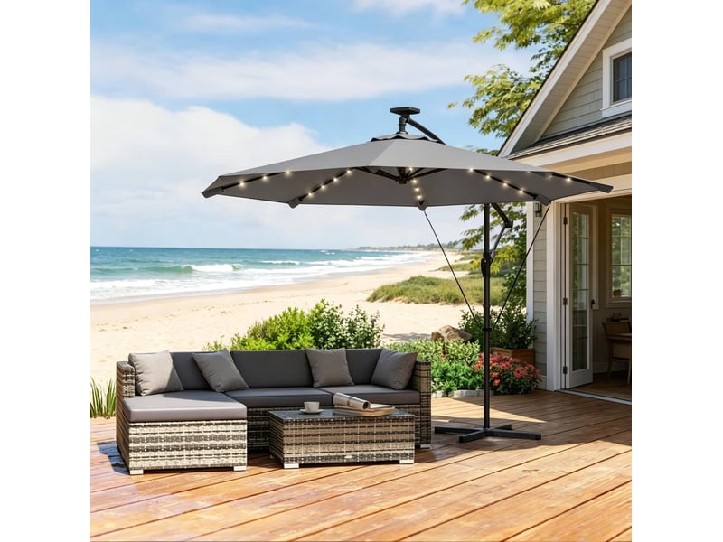 Parasol déporté de jardin avec éclairage led solaire, toile ronde ø 295 cm, gris foncé et noir - Conforama C
