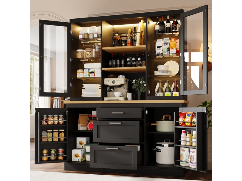  Rayofi buffet de cuisine 140 x 40 x 185 cm - 3 tiroirs, étagères réglables, plan de travail, led rgb contrôlables par application, noir  - Conforama C