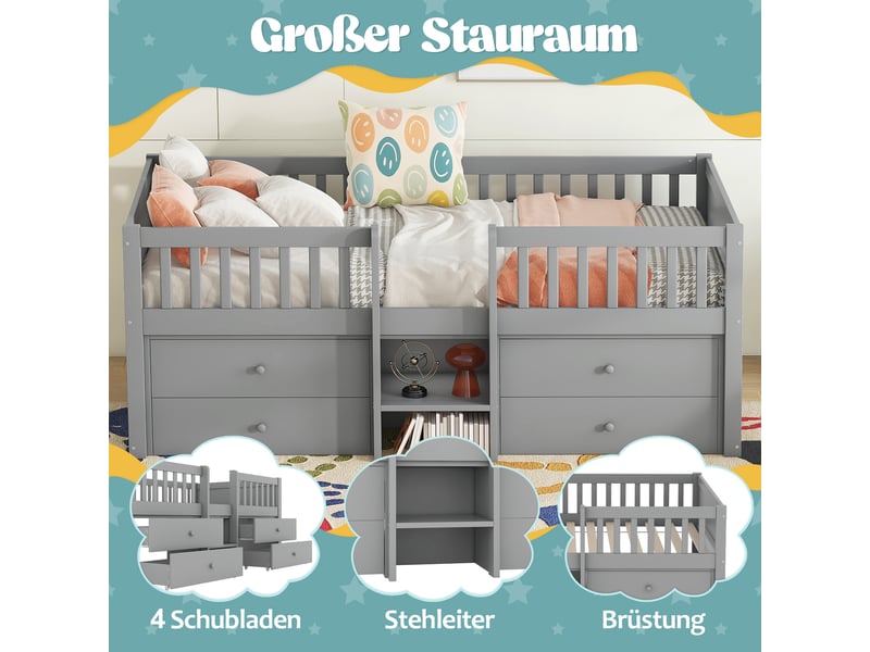  Lit mi-hauteur gris 90x200 cm avec 4 tiroirs de rangement, échelle et barrière, structure en bois de pin, style minimaliste pour chambre d'enfant.  - Conforama D