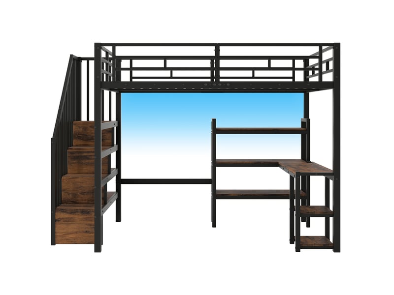  Lit mezzanine 140x200 cm, lit gain de place bureau intégré rangement led escalier, métal et mdf, noir, sans matelas  - Conforama R