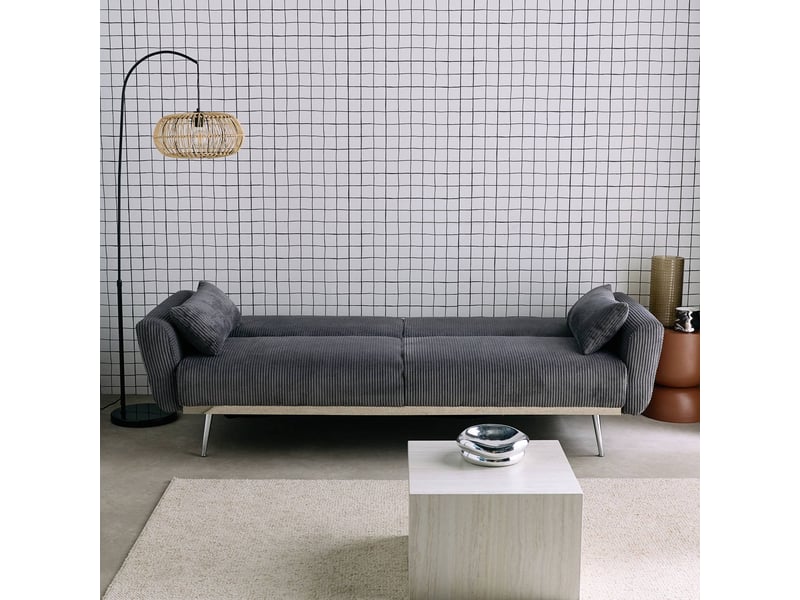 Canapé convertible design en velours côtelé gris foncé - oskar - 3 places scandinave droit avec pieds métal chromé  - Conforama C