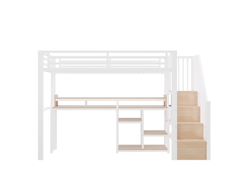  Lit mezzanine 200x90 cm en métal et mdf, lit simple avec armoire échelle, usb, type-c et led, sans matelas, blanc  - Conforama E