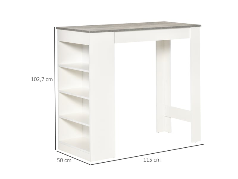  Table de bar pour 2 personnes, table haute mange debout avec 4 étagères ouvertes, 115x50x102,7cm, blanc et gris  - Conforama E