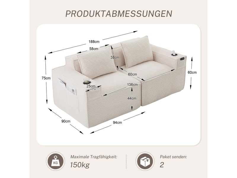 Canapé modulable 2 places – canapé en velours côtelé, assise profonde, porte-gobelets intégrés, poches latérales, ressorts et mousse haute densité, coussins inclus, beige  - Conforama D