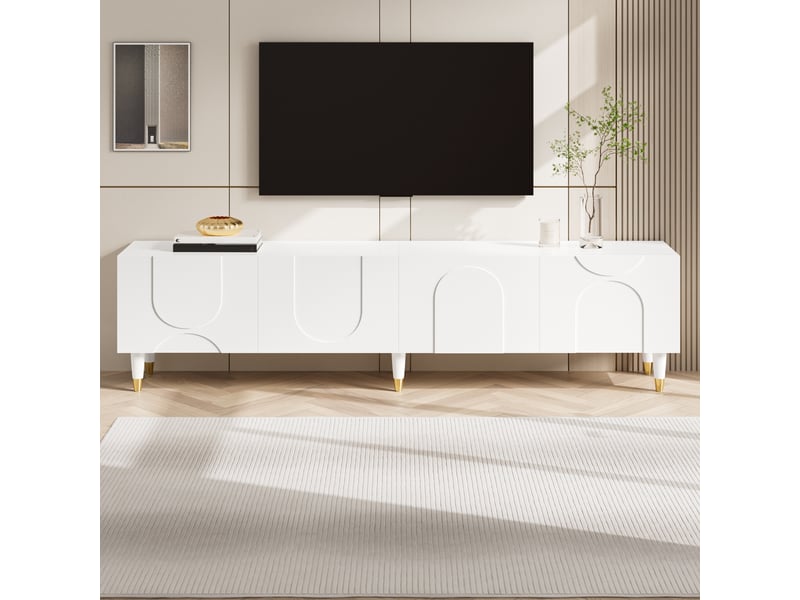  Meuble tv 180x40x50 cm, 4 portes, passe-câbles, façades texturées, pieds bois, grand rangement, lowboard moderne pour salon - blanc  - Conforama B