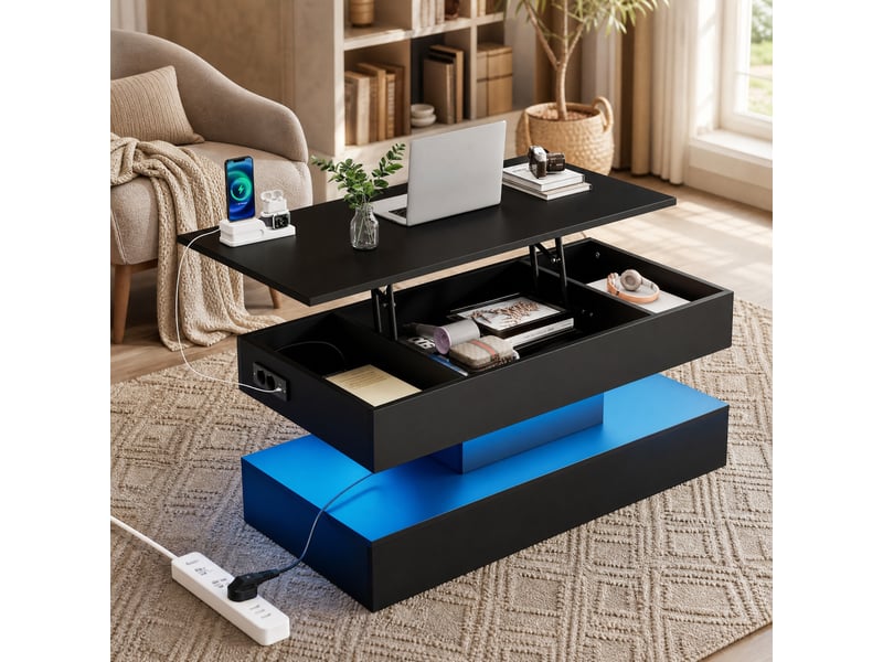 Table basse noire avec plateau relevable, led et rangement 100 x 50 x 42 cm - Conforama C