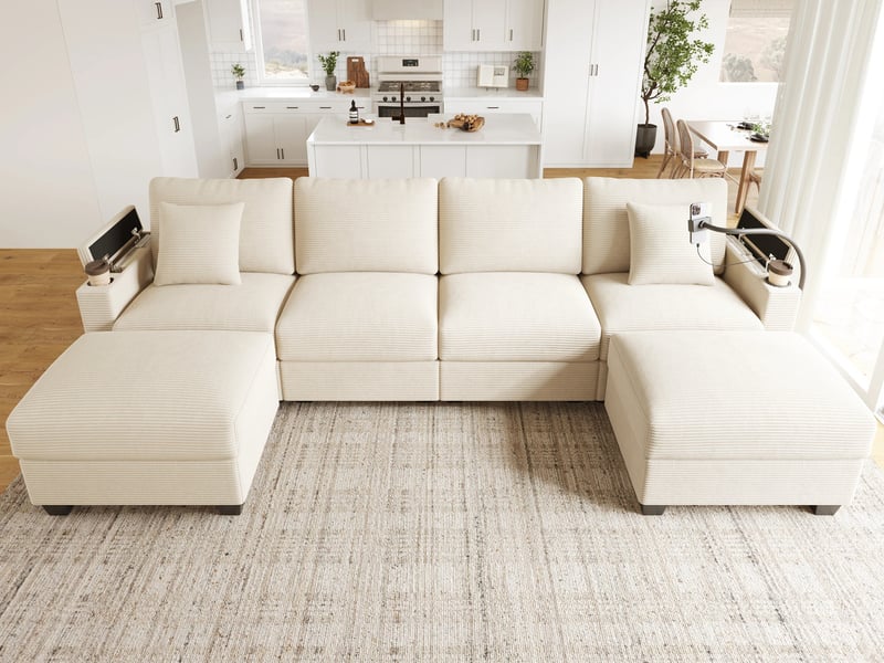 Canapé d'angle en forme de u ,6 places,équipé d'un support pour téléphone et d'un port de charge usb,275,5 x 139 x 87 cm,beige - Conforama B
