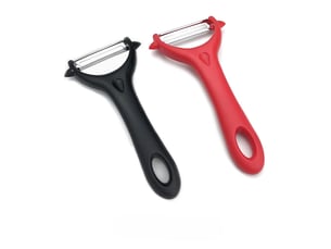 2 x éplucheur universel en acier inoxydable, économe manuel, poignée ergonomique, pour fruits et légumes (noir + rouge)