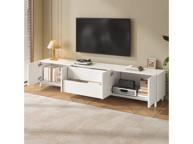 Meuble tv 180x40x48 cm - meuble bas avec 4 portes cintrées, 2 tiroirs, pieds en tube d’acier, structure en panneau de particules et mdf - Conforama E