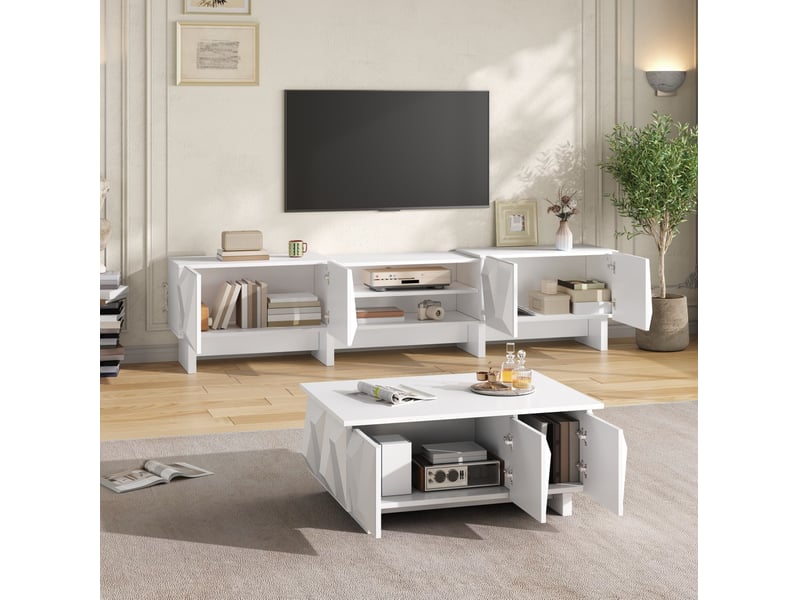  Meuble tv blanc avec table basse assortie, 4 portes et rangement fermé, relief losange pour votre salon  - Conforama B