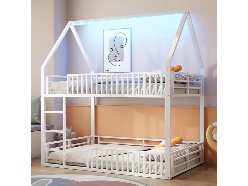  Lit superposé maison 140x200 cm blanc, avec garde-corps, led 7 couleurs, structure métal, sommier inclus, sans matelas  - Conforama R