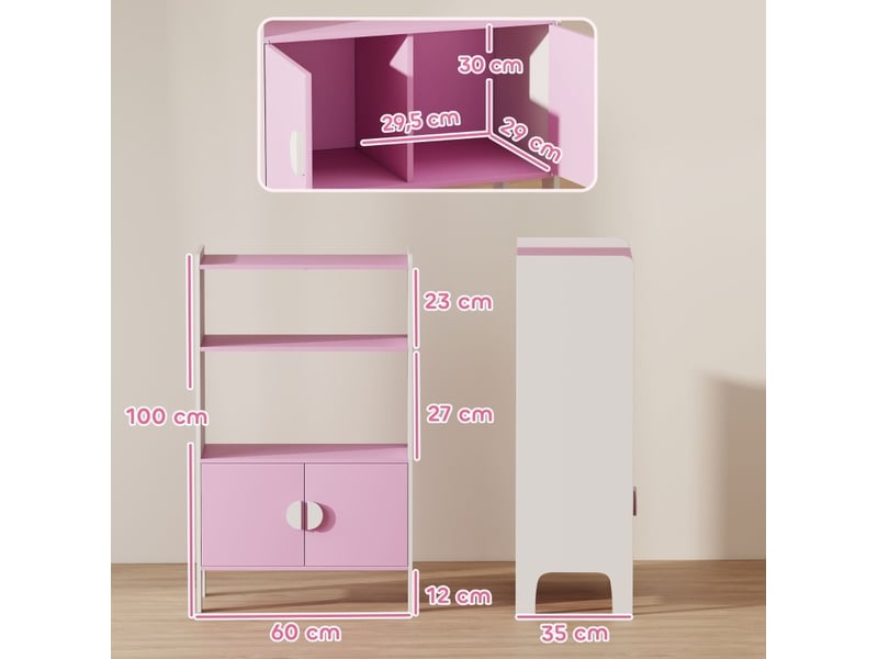 Bibliothèque enfant 60 x 35 x 100 cm rose et blanche en bois, 2 étagères, 2 placards, kit anti-basculement - Conforama C