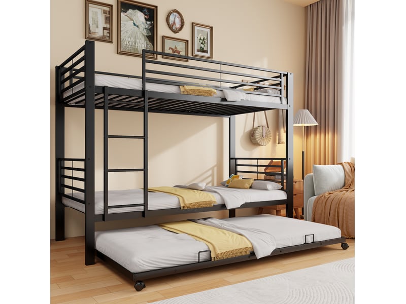  Lit superposé modenvie métal noir 90 x 200 cm avec lit gigogne 90 x 190 cm 3 couchages  - Conforama E