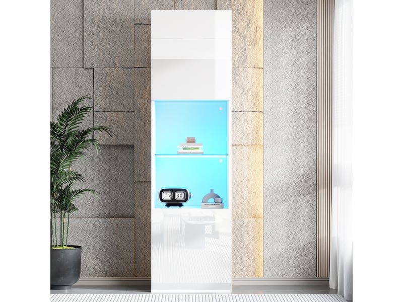 Vitrine brillant h-160cm en panneaux de particules avec lumière led,2 portes,2 niches et étagère en verre,blanc vitrine blanc - Conforama B