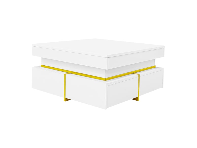  Table basse carrée 70x70x35.5cm laquée blanche haute brillance avec 2 tiroirs | liseré et poignées dorés | charge 60kg - blanc  - Conforama A