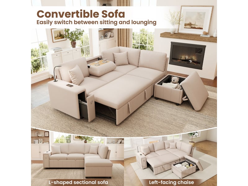 Canapé d'angle convertible 5 places, coffre de rangement, pouf, table rabattable, usb et usb-c, lampe led de lecture - beige - Conforama E