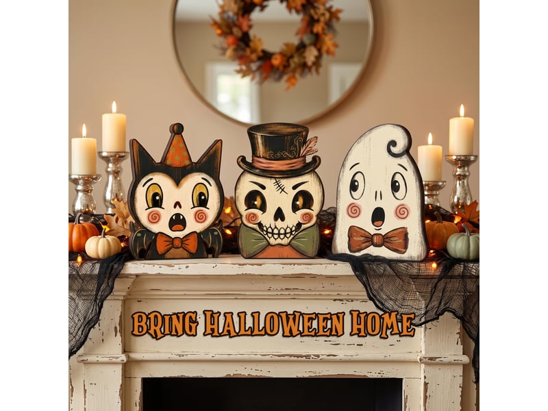  Décoration murale en bois halloween, panneau décoratif – fantôme, chauve-souris et squelette, pour intérieur  - Conforama D