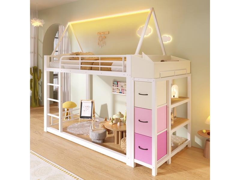  Lit superposé 90 x 200 cm avec étagères, 3 tiroirs en tissu et éclairage led, métal et mdf, blanc  - Conforama D