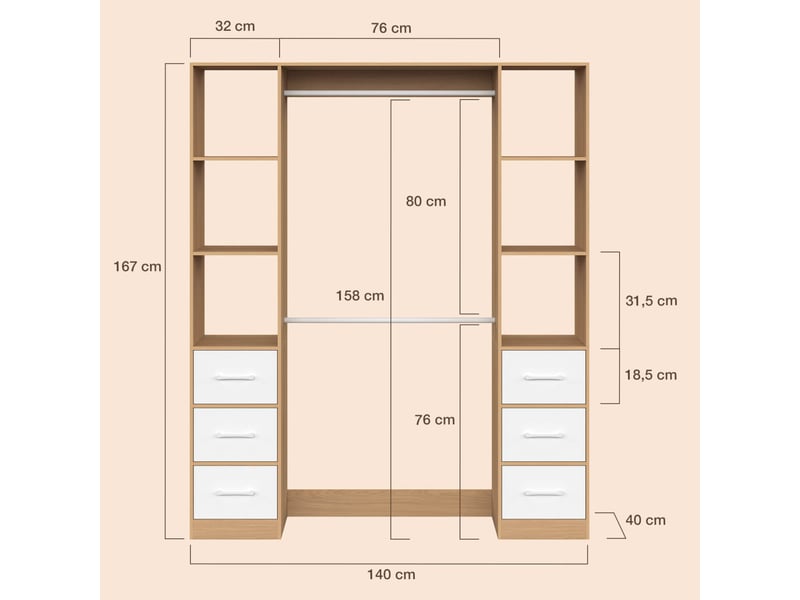  Dressing double penderie + double colonne l. 140 cm uppah avec 6 étagères et 6 bacs en tissu bois et blanc  - Conforama D
