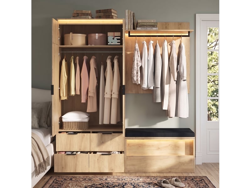  Meubles d'entrée avec armoire, banc, 4 tiroirs, 3 éclairages led, mdf chêne et anthracite, 180 × 47 × 200 cm  - Conforama C