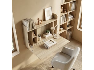 Bureau mural pliable - table murale rabattable - 5 niches, étagère - effet bois clair