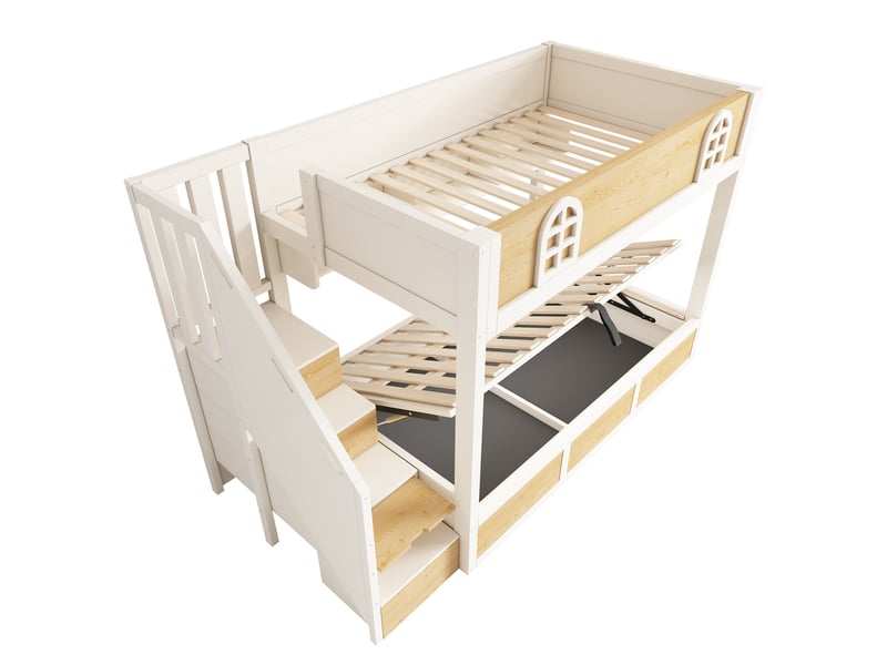  Lit superposé 90x200 cm avec escalier de rangement, blanc et naturel, mdf, sans matelas  - Conforama R